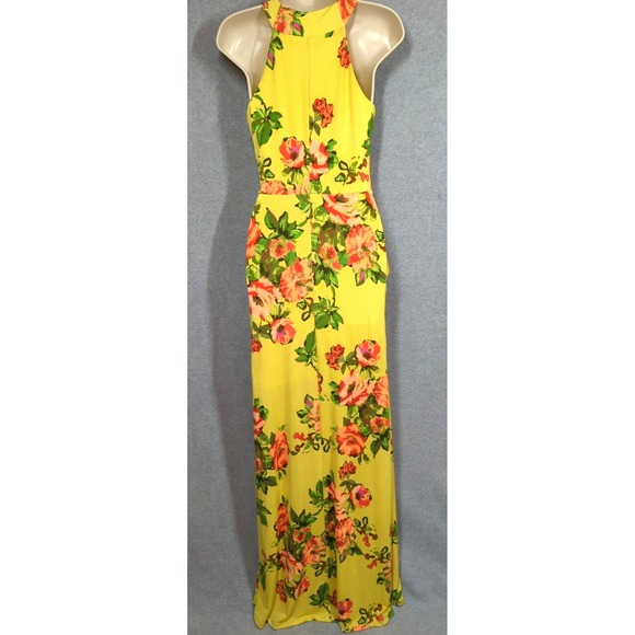 Vtg Maxi Dress S Form Fitting Yellow Lime Old Hollywood Style Sexy Heat Wave - Picture 7 of 13